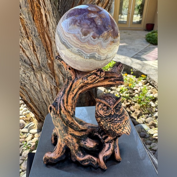 Decorative Owl Tree Stand with Crazy Lace Amethyst Agate Sphere. - Picture 2 of 6